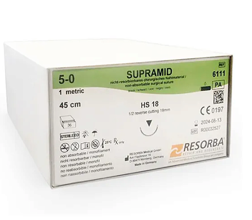 Супрамид (Supramid) черный 5/0, 1 EP, HS 18 (О/Р 1/2), 45см, 36шт, 6111К, Resorba